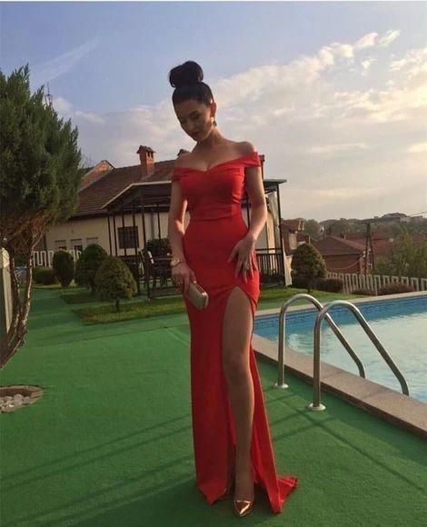 High Slit Long Satin Mermaid Prom Dress Off Shoulder