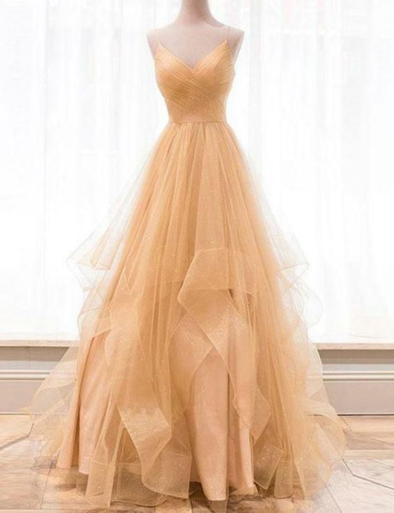 Custom made gold v neck tulle long prom dress, evening dress