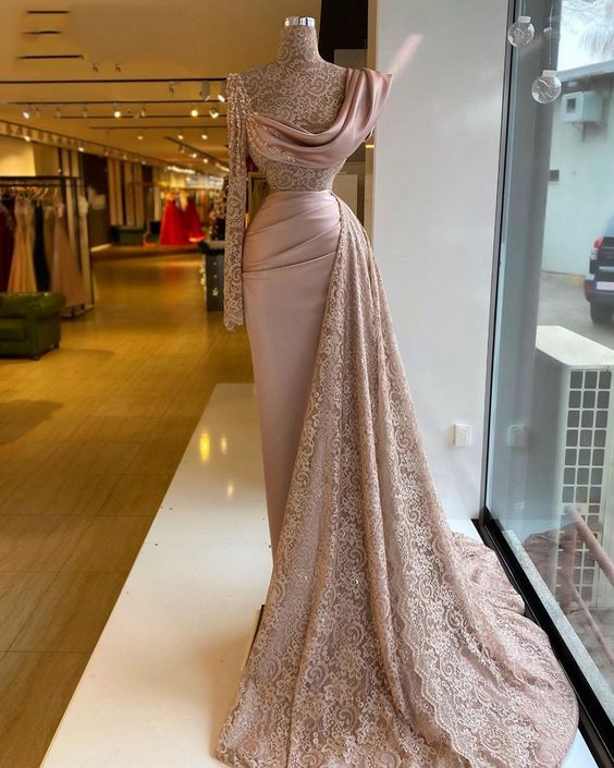 Elegent Pink Meimaid Lace Evening Dresses Gowns Long 2022 One Sleeve Sheer Lace Formal Evening Party Gown for Women Plus Size