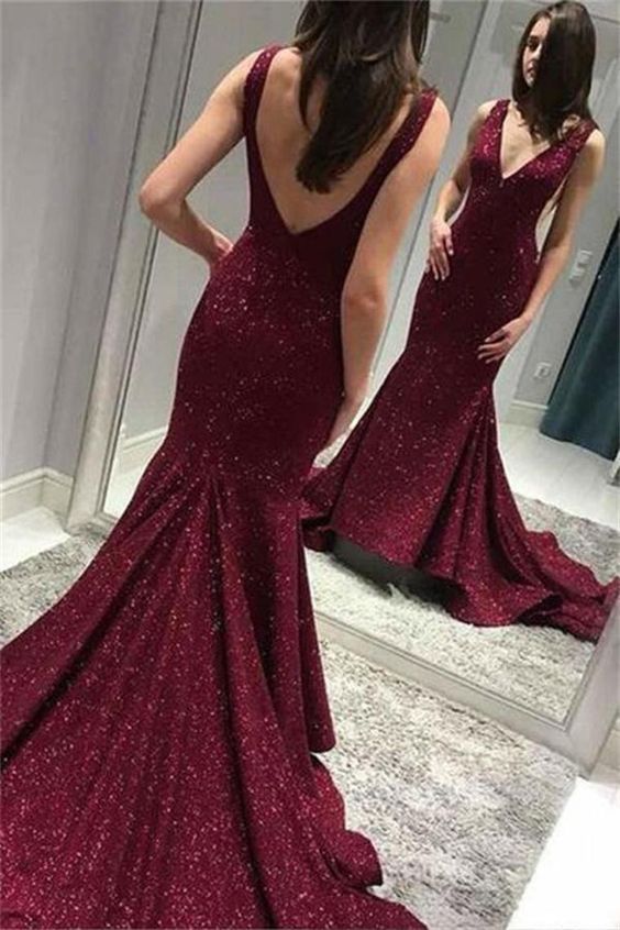Sparkly Long V-Neck Open Back Mermaid Burgundy Prom Dresses