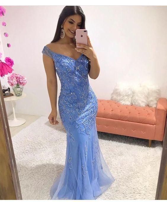 Off the shoulder floor length prom dress