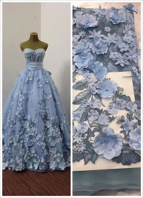 sweetheart neck blue prom dresses ball gown 3d flowers elegant a-line floral prom gown