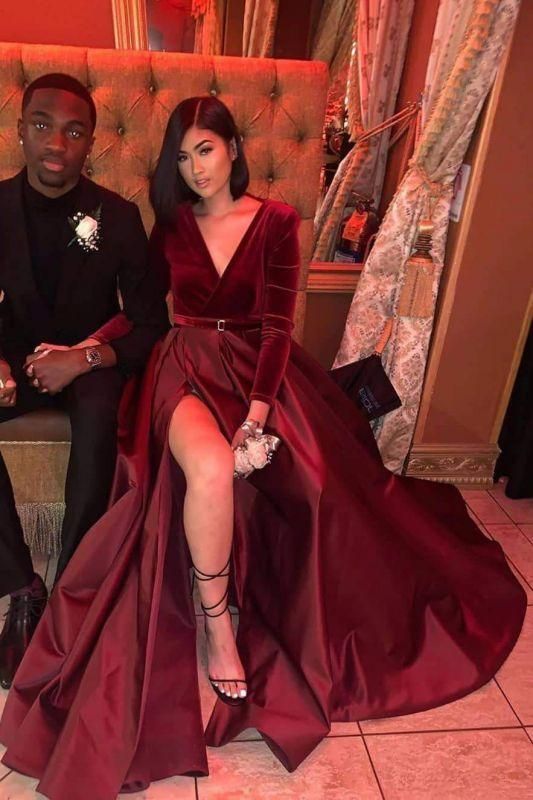 Sheath Long Sleeves Split Short Red Prom Dresses