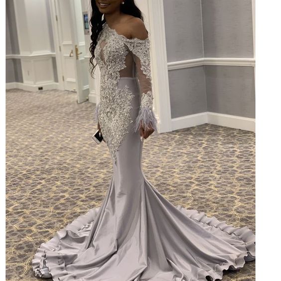 Sliver prom dresses, long sleeve prom dresses, lace prom dresses, feather prom dresses, arabic prom dresses
