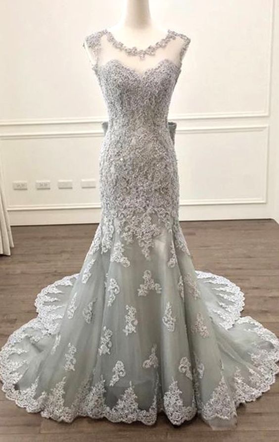 Mermaid O Neck Lace Long Prom Dress Silver Formal Evening Gown