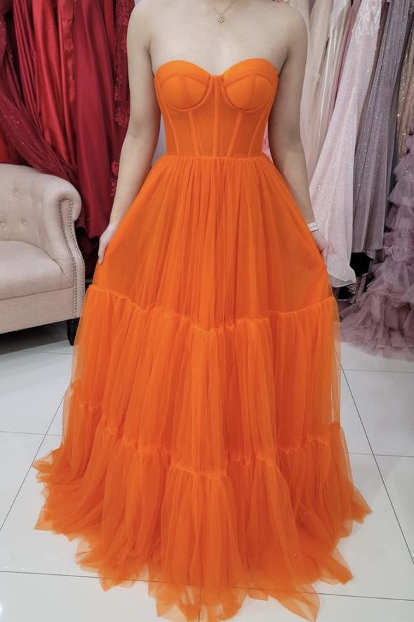 Orange tulle long A line prom dress evening dress
