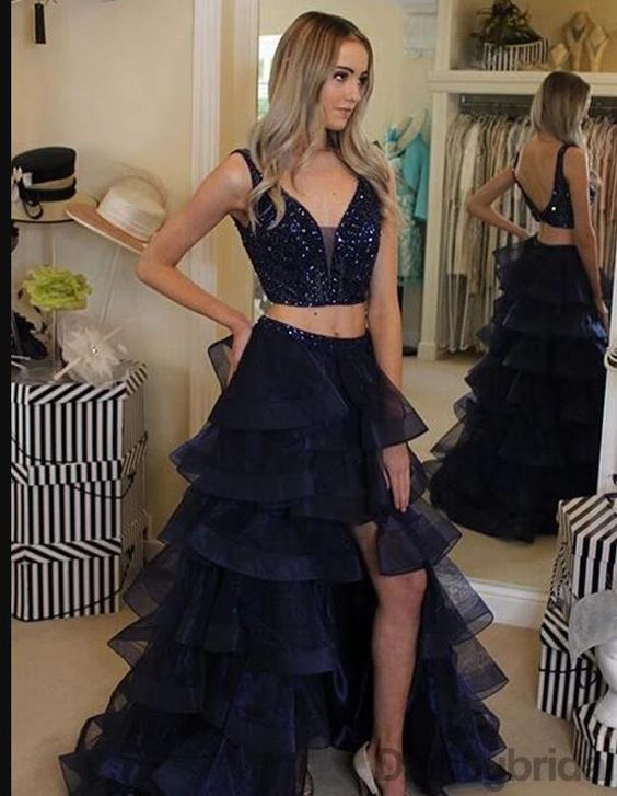 Luxury Beaded Navy Blue Side Slit Two Pieces Prom Dresses A Line Women Prom Gowns