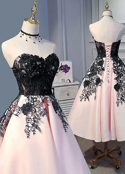 Cute Pearl Pink Tea Length Satin with Lace Applique Party Dress, Homecoming Dress