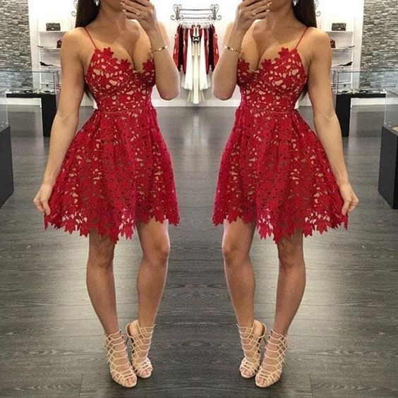 Cute V Neck Red Lace Homecoming Dress, Fashion Girl Dress