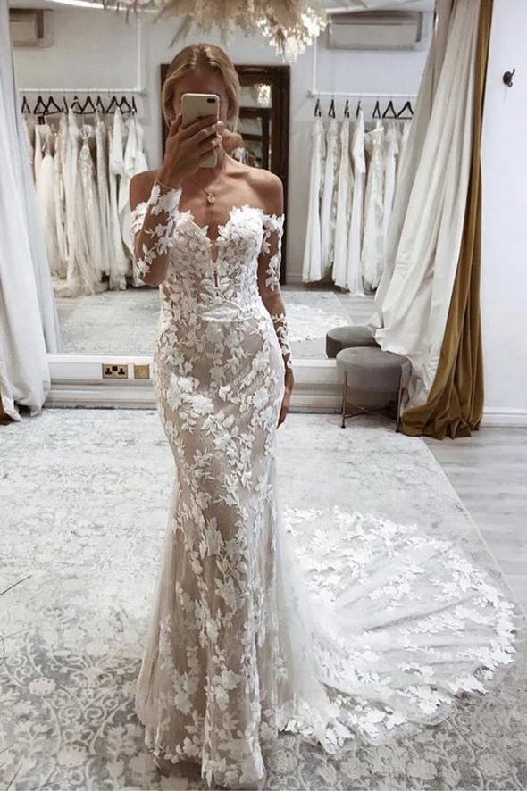 Mermaid lace long sleeve prom dress evening dress