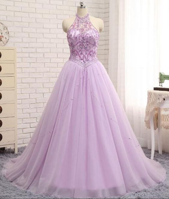 Charming Lilac A Line Prom Dresses Tulle Beaded Evening Gowns With Chapel Train