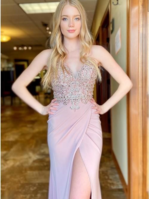 Elegant Sheath V Neck Blush Pink Satin Long Prom Evening Dresses with Beading