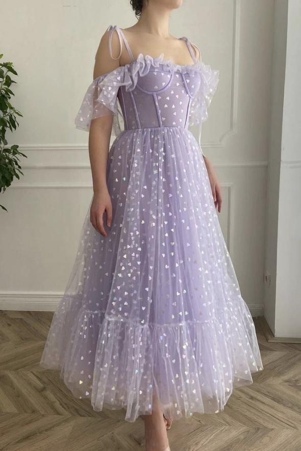Purple tulle short A line prom dress evening dress