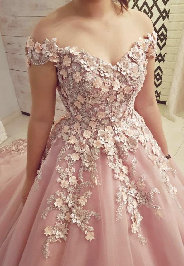 Pink tulle appliqué long ball gown dress formal dress