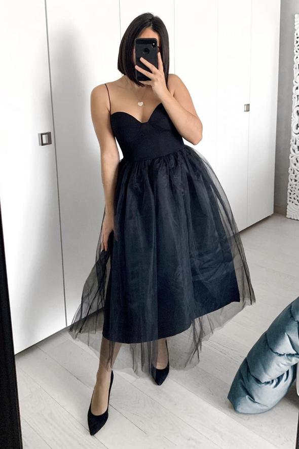 Black tulle short A line prom dress evening dress