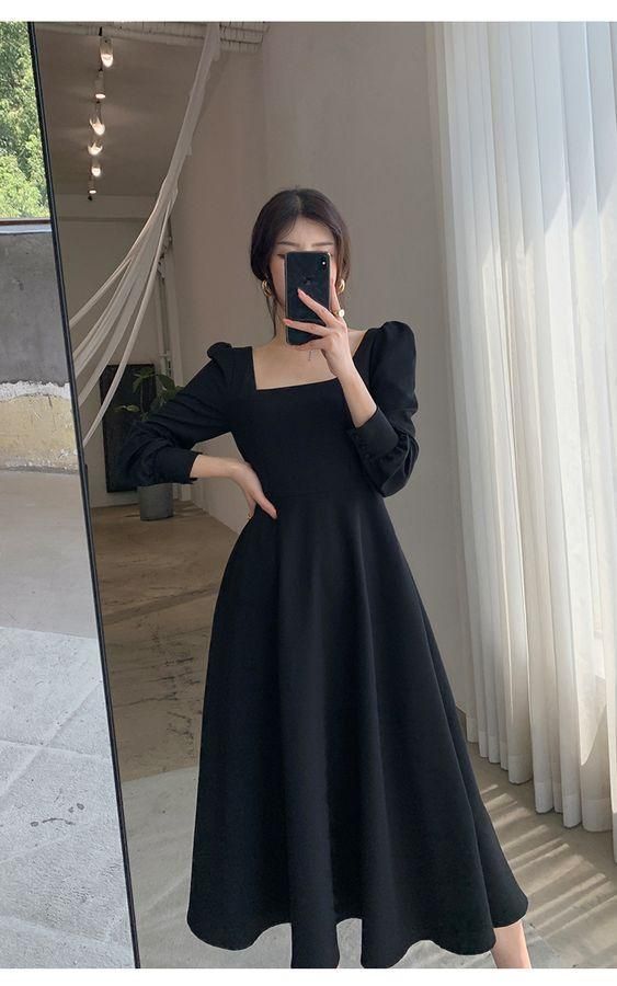 Gentle style Hepburn square neck little black dress Simple Prom Dress Party Dress With Long Sleeves