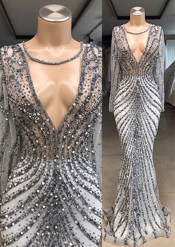 Mermaid beading tulle prom dress