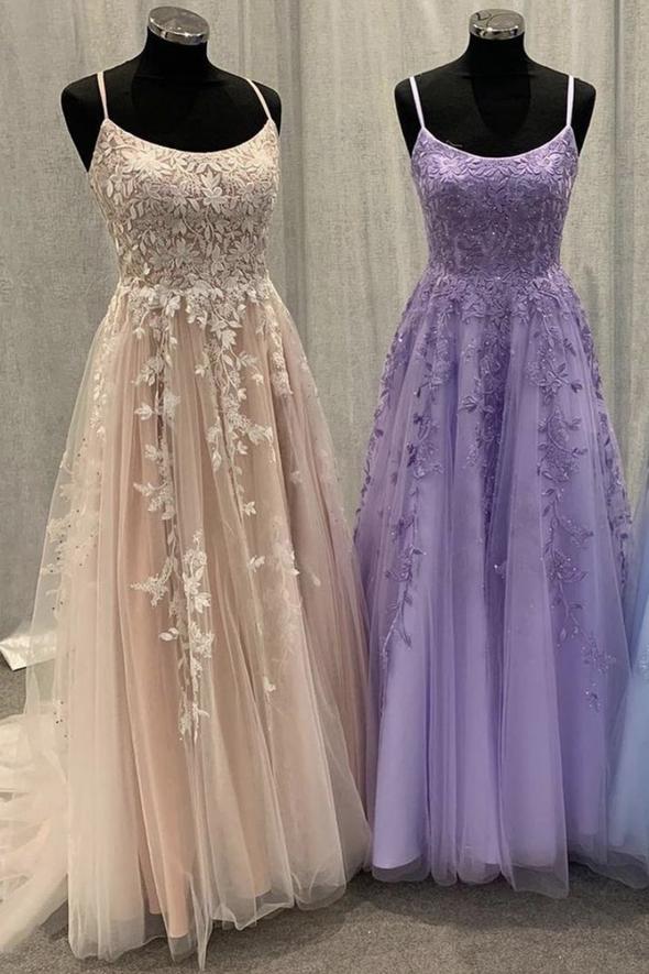 Elegant tulle lace long A line prom dress evening dress