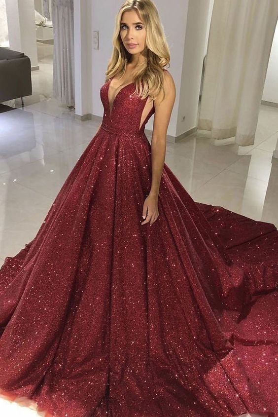 Charming Prom Dresses A Line V Neck Burgundy Bling Bling Long