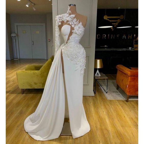 Exquisite Lace White Prom Dresses High Neck One Shoulder Long Sleeve Formal Evening Gowns