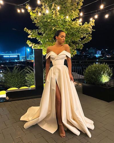 Gorgeous A Line Off the Shoulder White Long Prom/Wedding Dress with Split Front