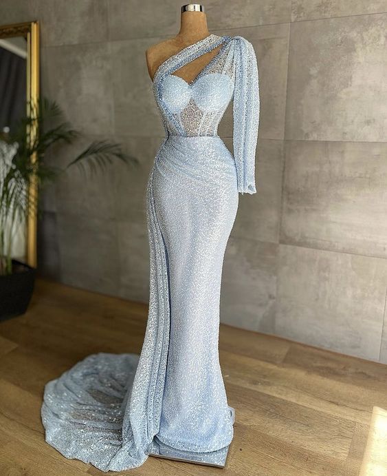 One Shoulder Mermaid Long Prom Dresses, Mermaid Long Formal Evening Dresses