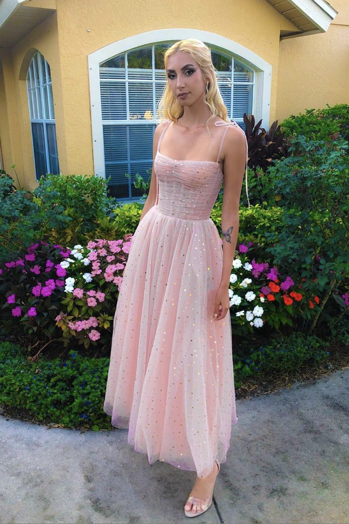 Pink tulle sequins short dress fashion dress