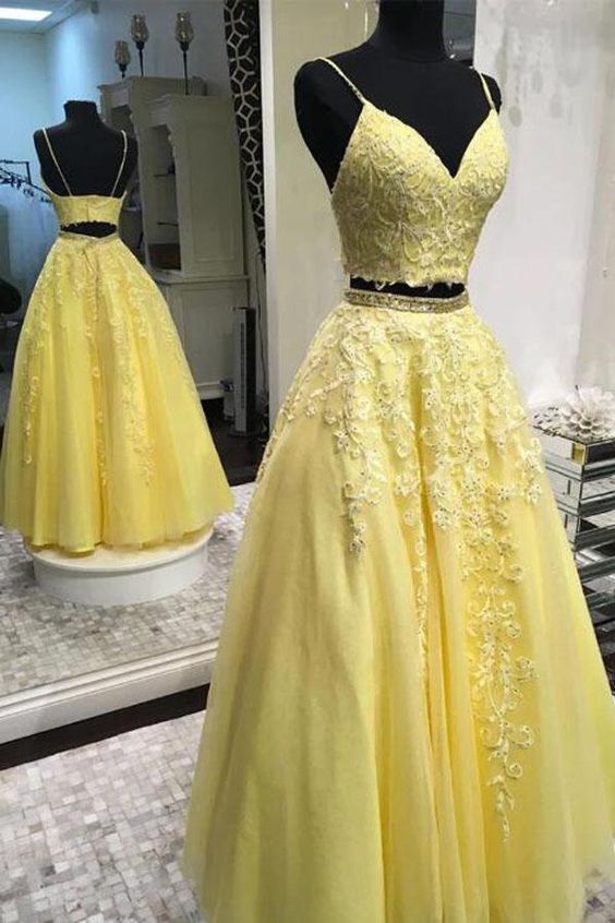 Elegant Straps Two Piece Yellow Long Lace Prom Formal Dresses