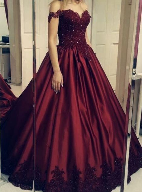 Off the Shoulder Burgundy Appliques Sweet 16 Prom Dresses