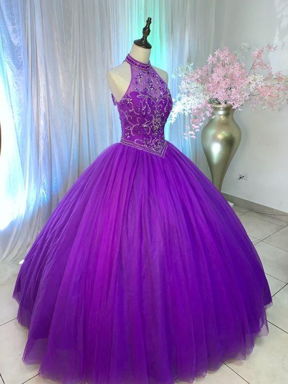 Halter Purple Prom Dress , Tulle Prom Dress