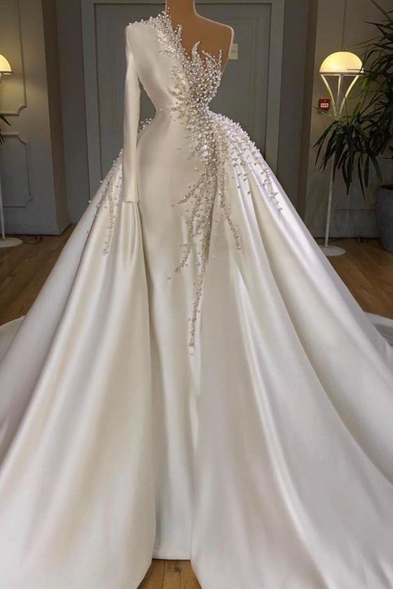 Gorgeous One Shoulder Satin White Beading Mermaid Prom Dresses