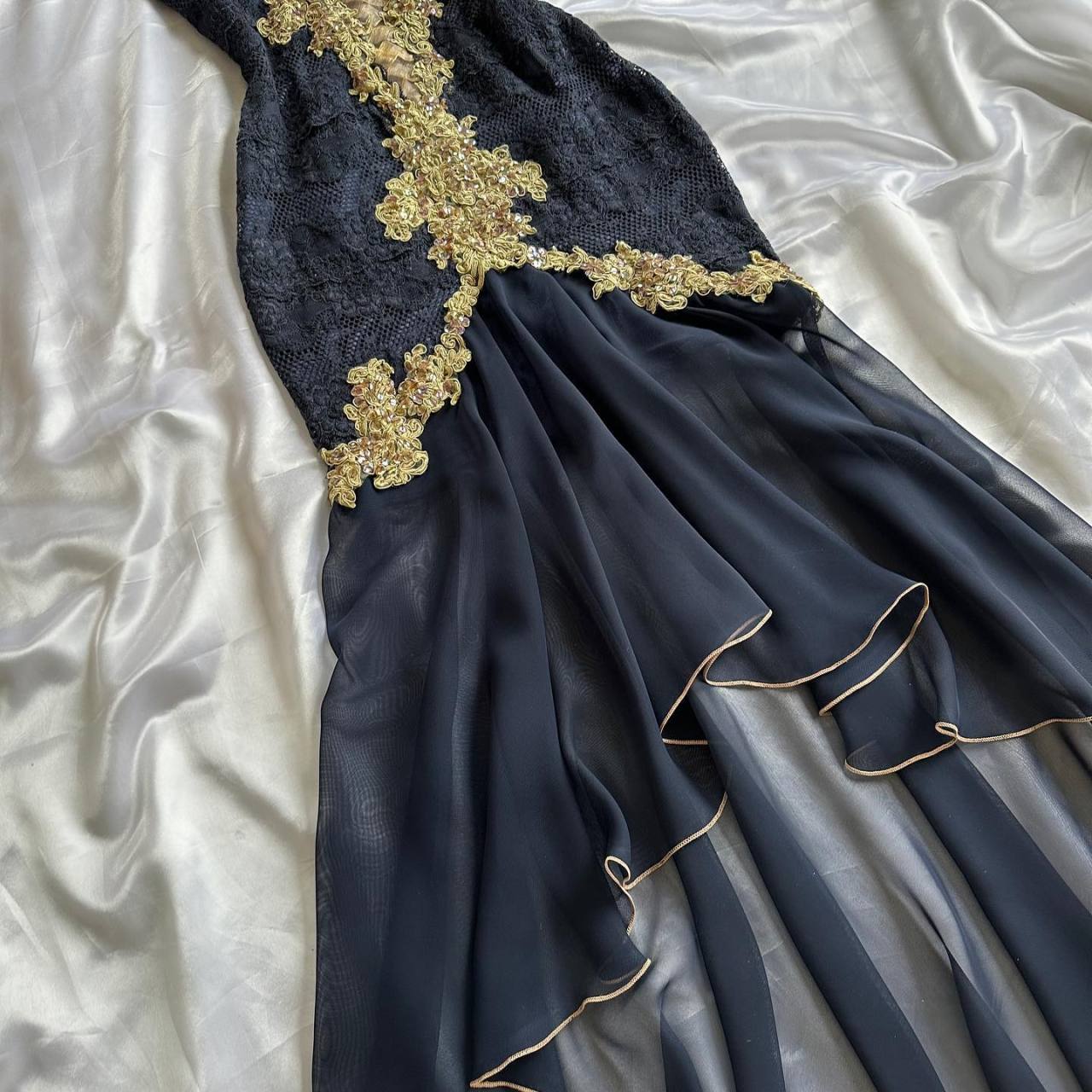 Elegant High Low Straps Black Chiffon Lace Prom Dresses Ruffles Evening Dress