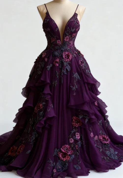 Unique Chiffon Appliques Prom Dress Long Party Evening Dress