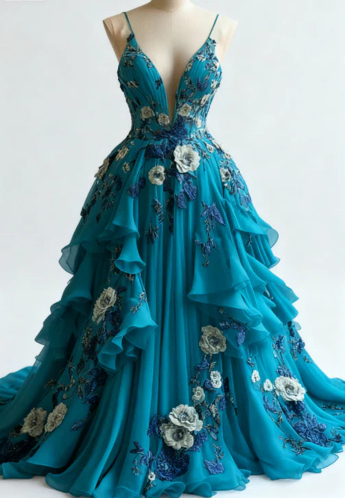 Unique Chiffon Appliques Prom Dress Long Party Evening Dress